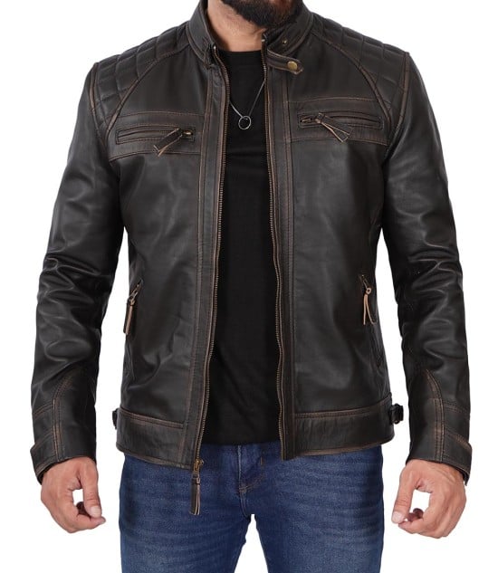 Mens Quilted Cafe Racer Distressed Leather Brown Jacket - Buy anything